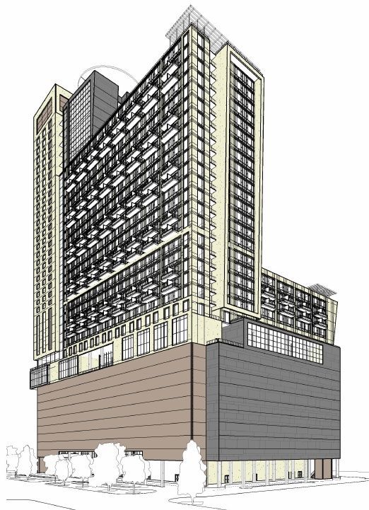 A drawing of a tall building with a lot of windows