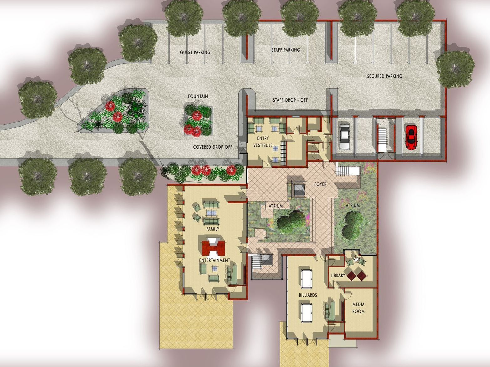 A floor plan of a house with a red car in the garage