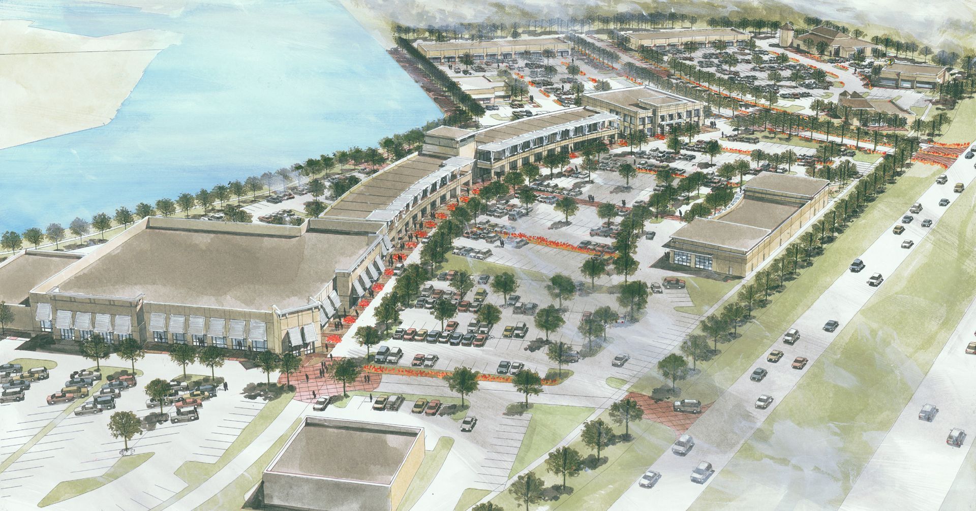 An aerial view of a city with a river in the background