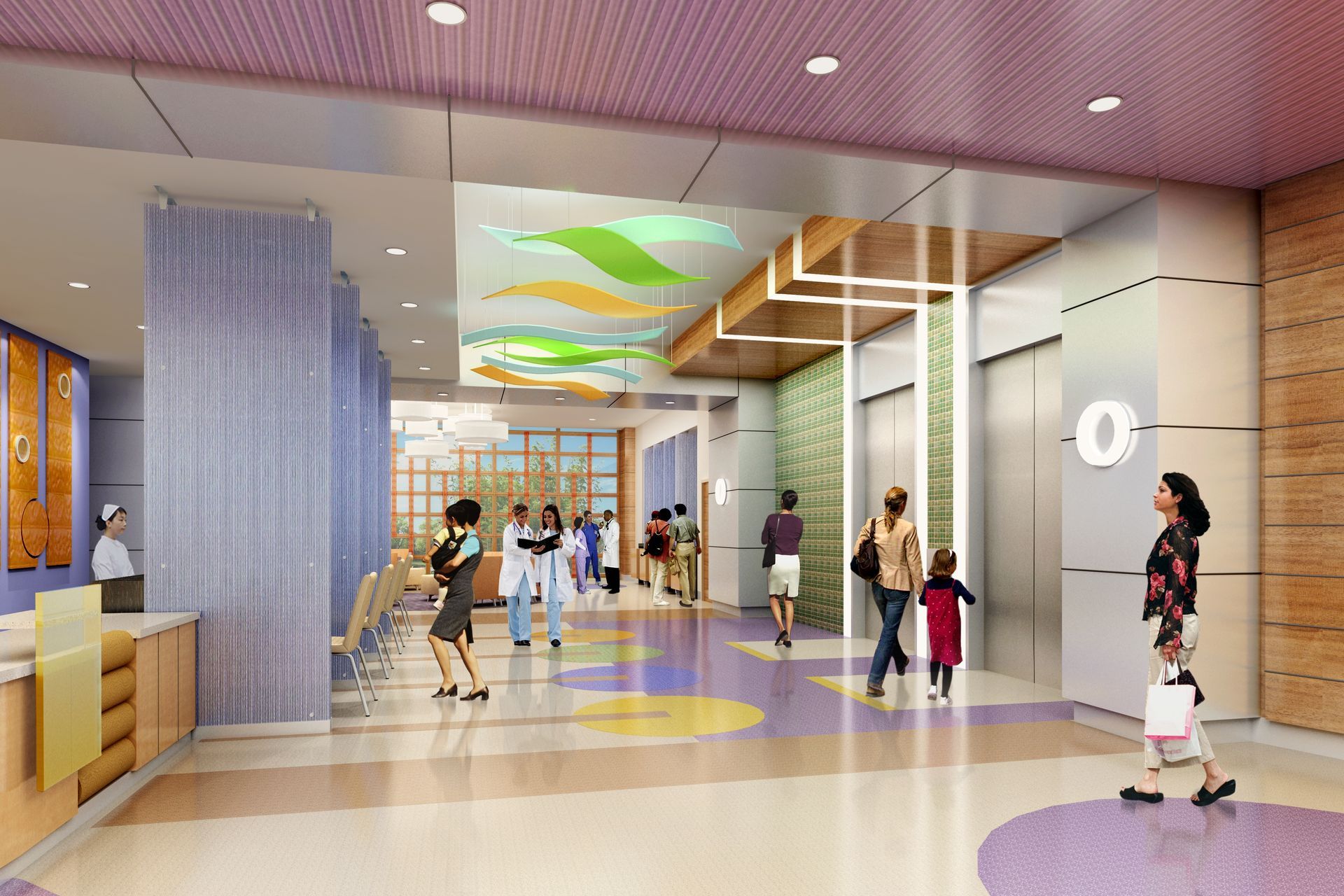 An artist 's impression of a hospital lobby with people walking through it.