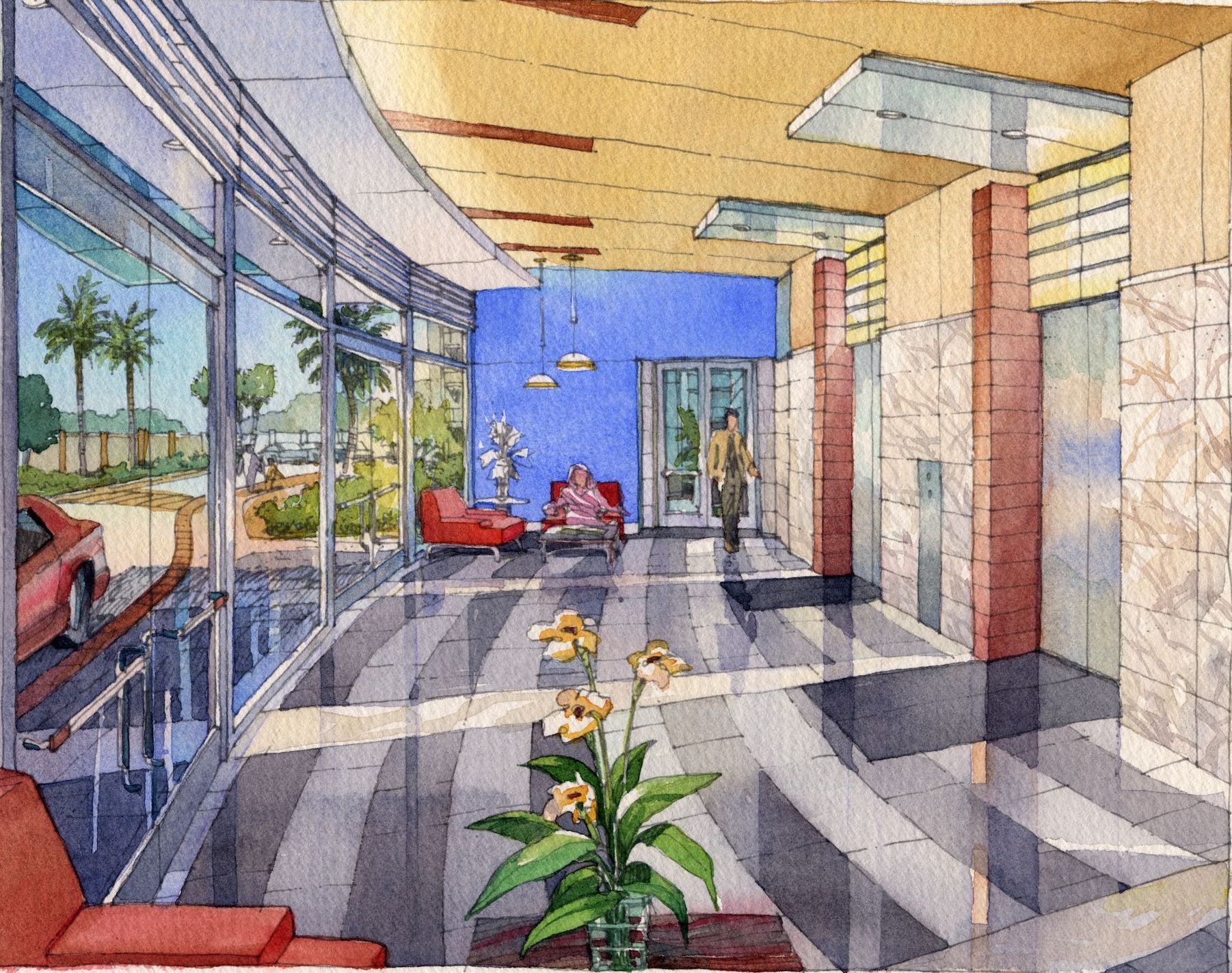 An artist 's impression of a lobby with a vase of flowers
