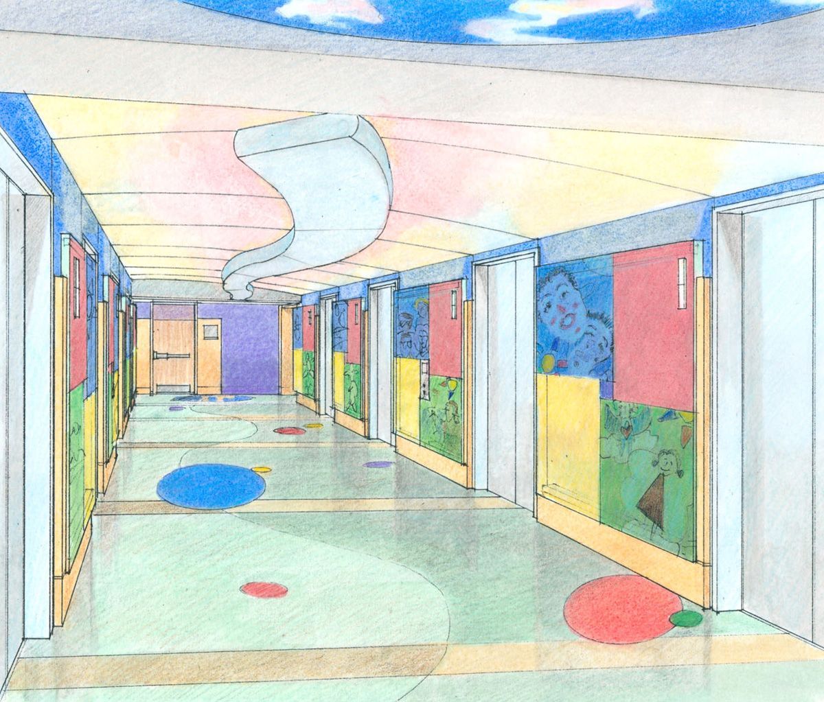 A drawing of a hallway with colorful walls