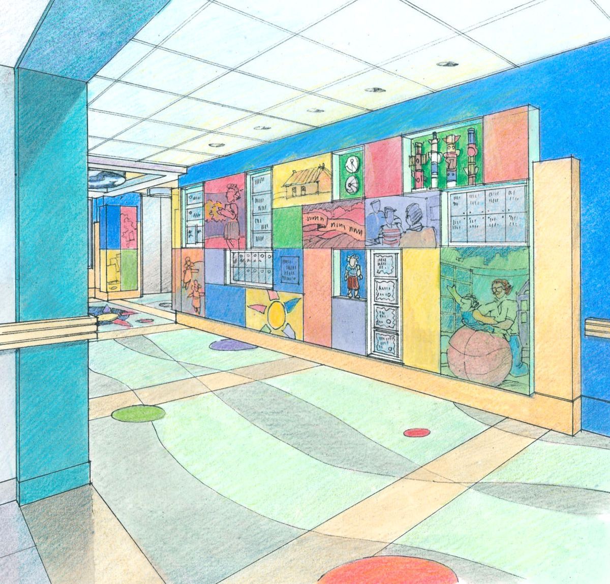 A drawing of a hallway with a mural on the wall