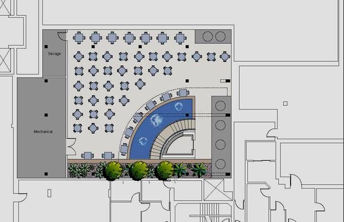 A blue and white floor plan of a building
