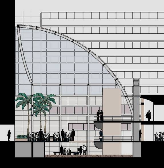 A drawing of a building with palm trees in front of it