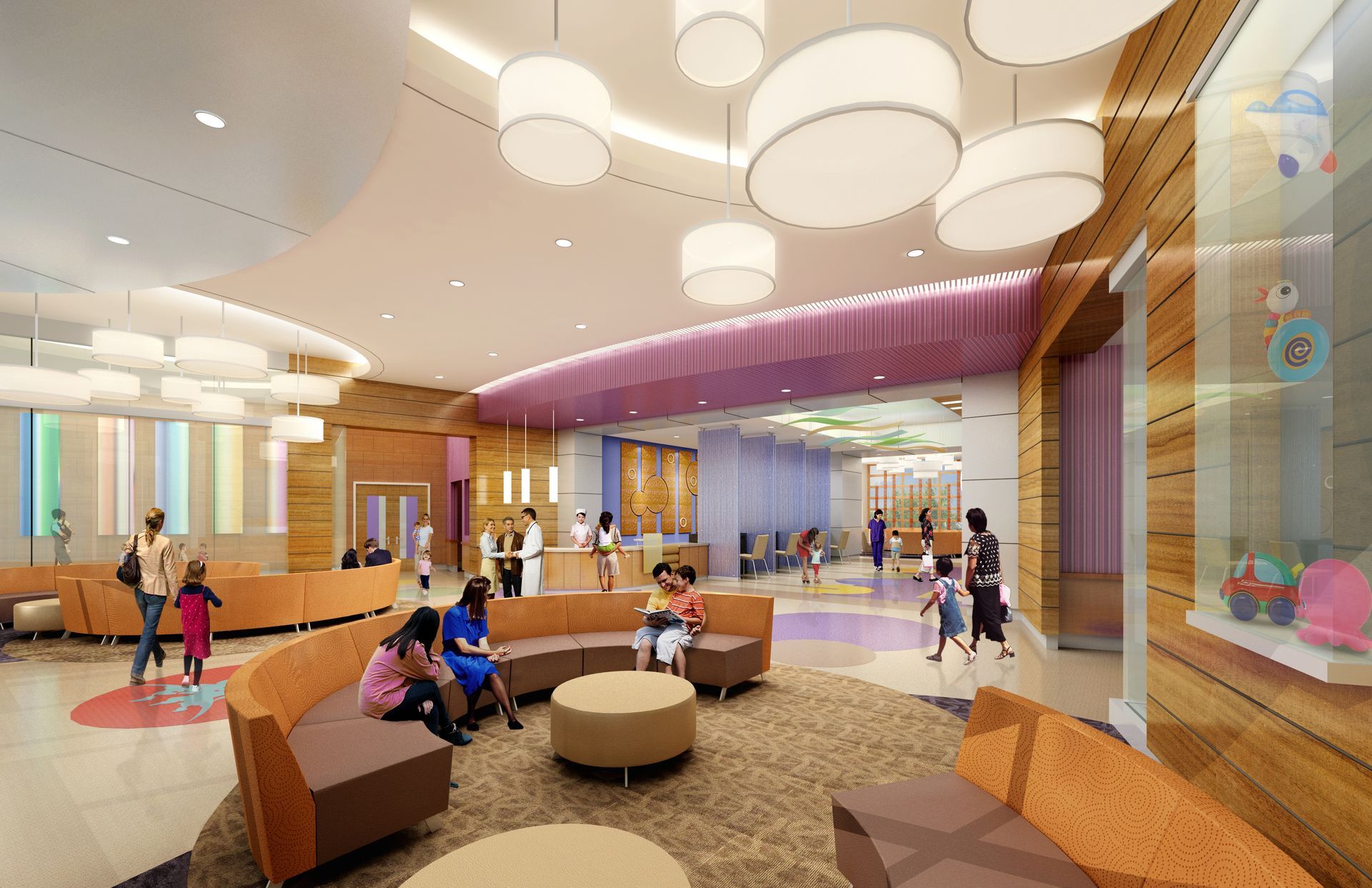 A group of people are sitting in a waiting room in a hospital.