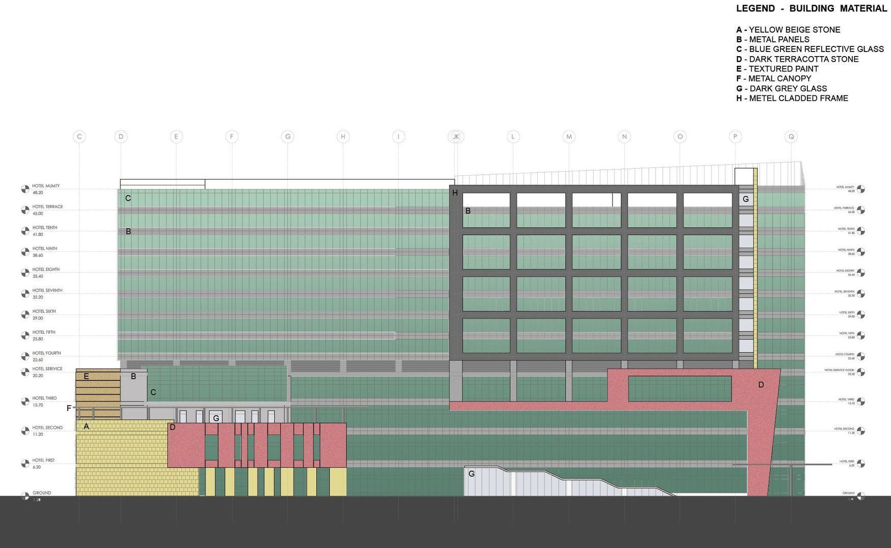A drawing of a building with a lot of windows