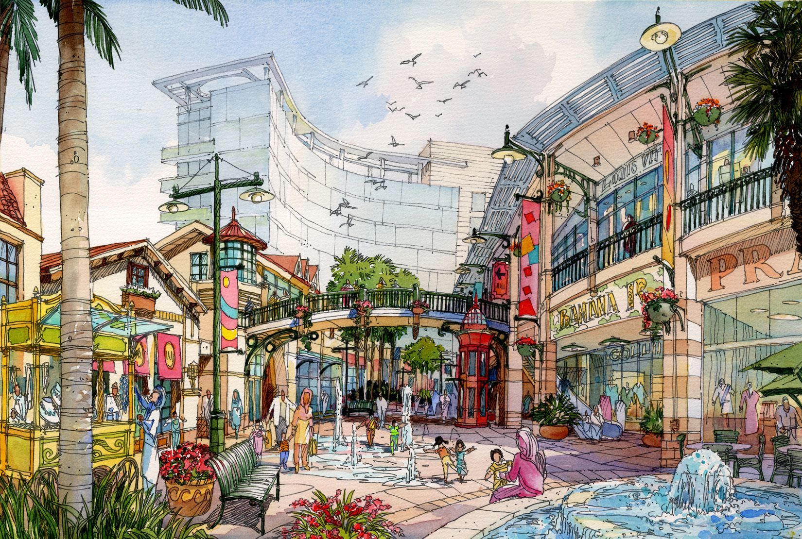 An artist 's impression of a shopping mall with a fountain in the middle