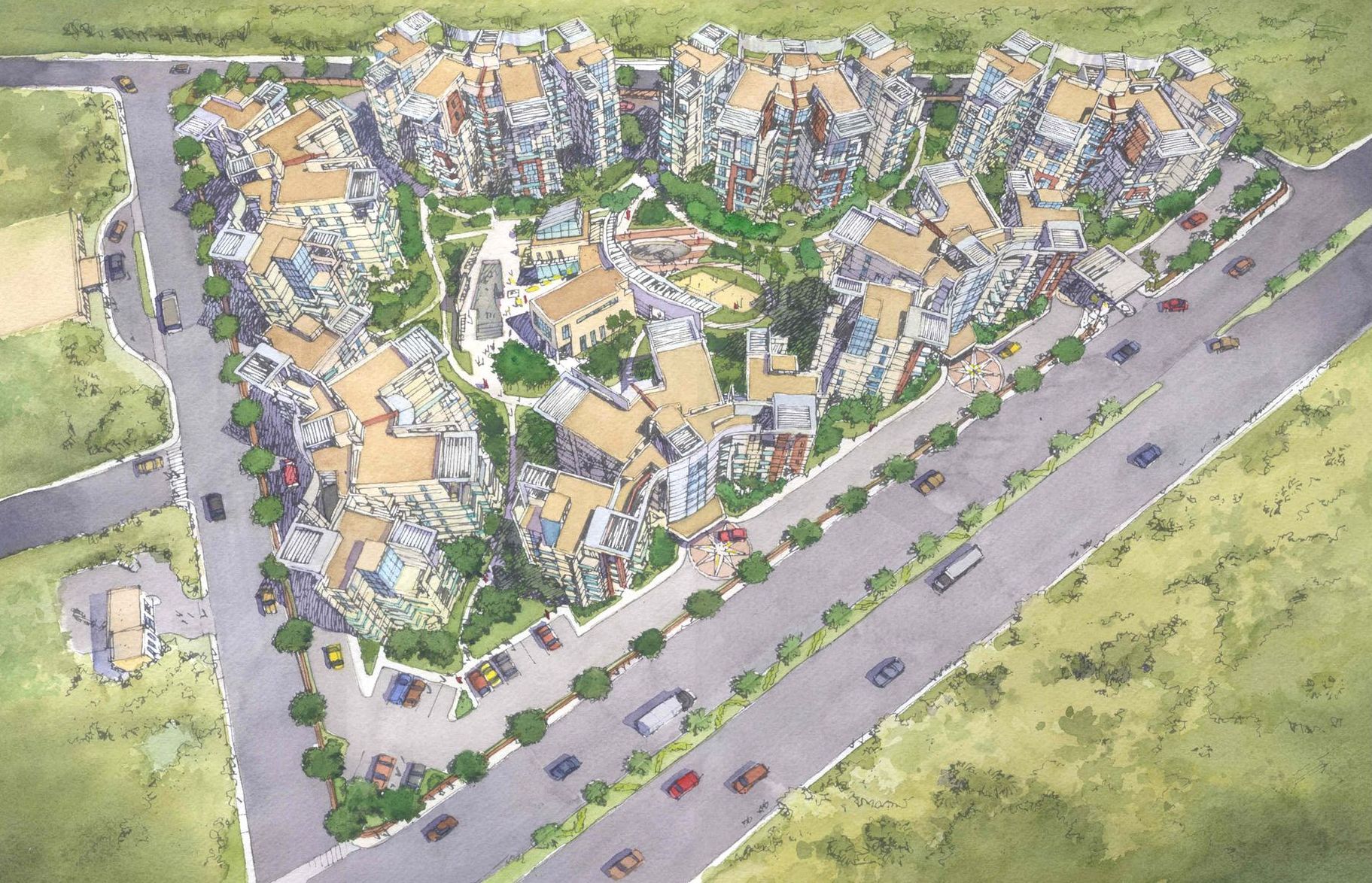 An aerial view of a residential area with a lot of buildings