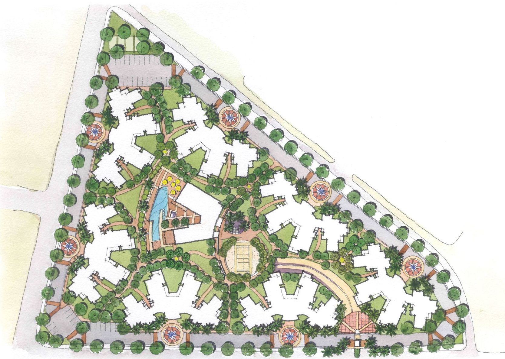 A drawing of a park with trees and buildings