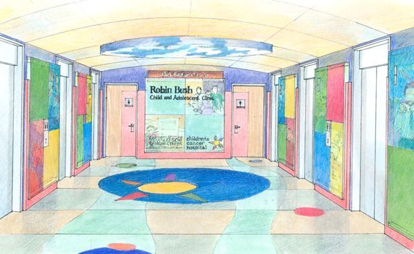 A drawing of a hallway with a sign that says robin hood