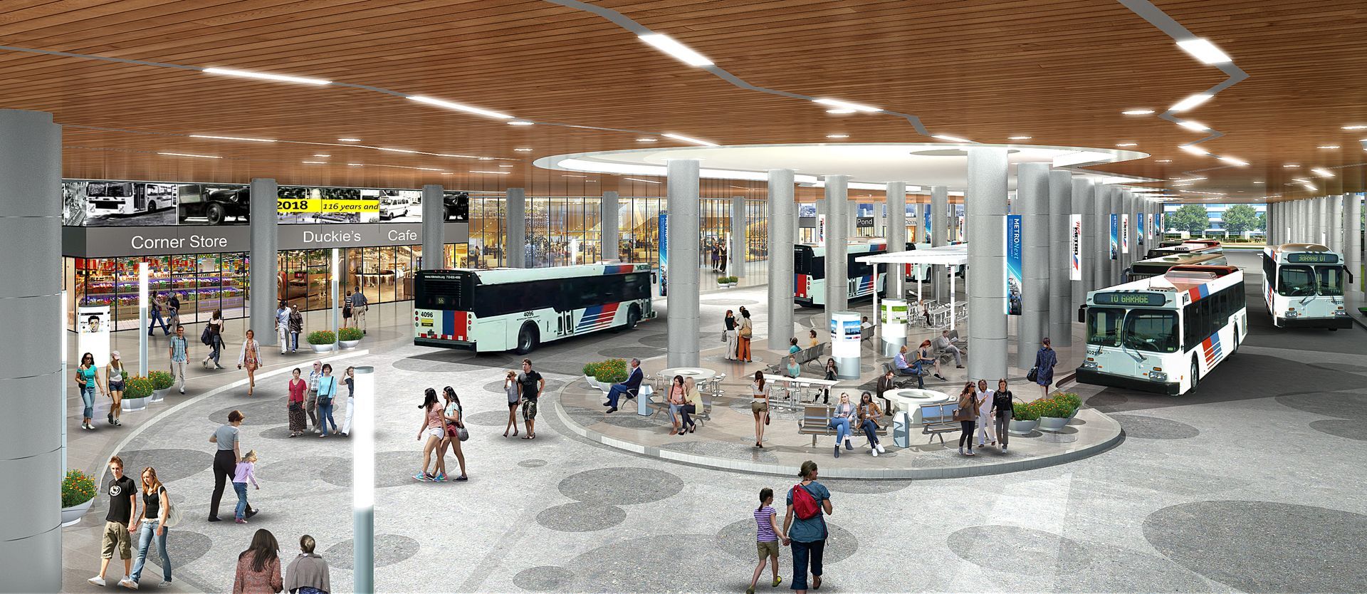 An artist 's impression of a bus station with people and buses