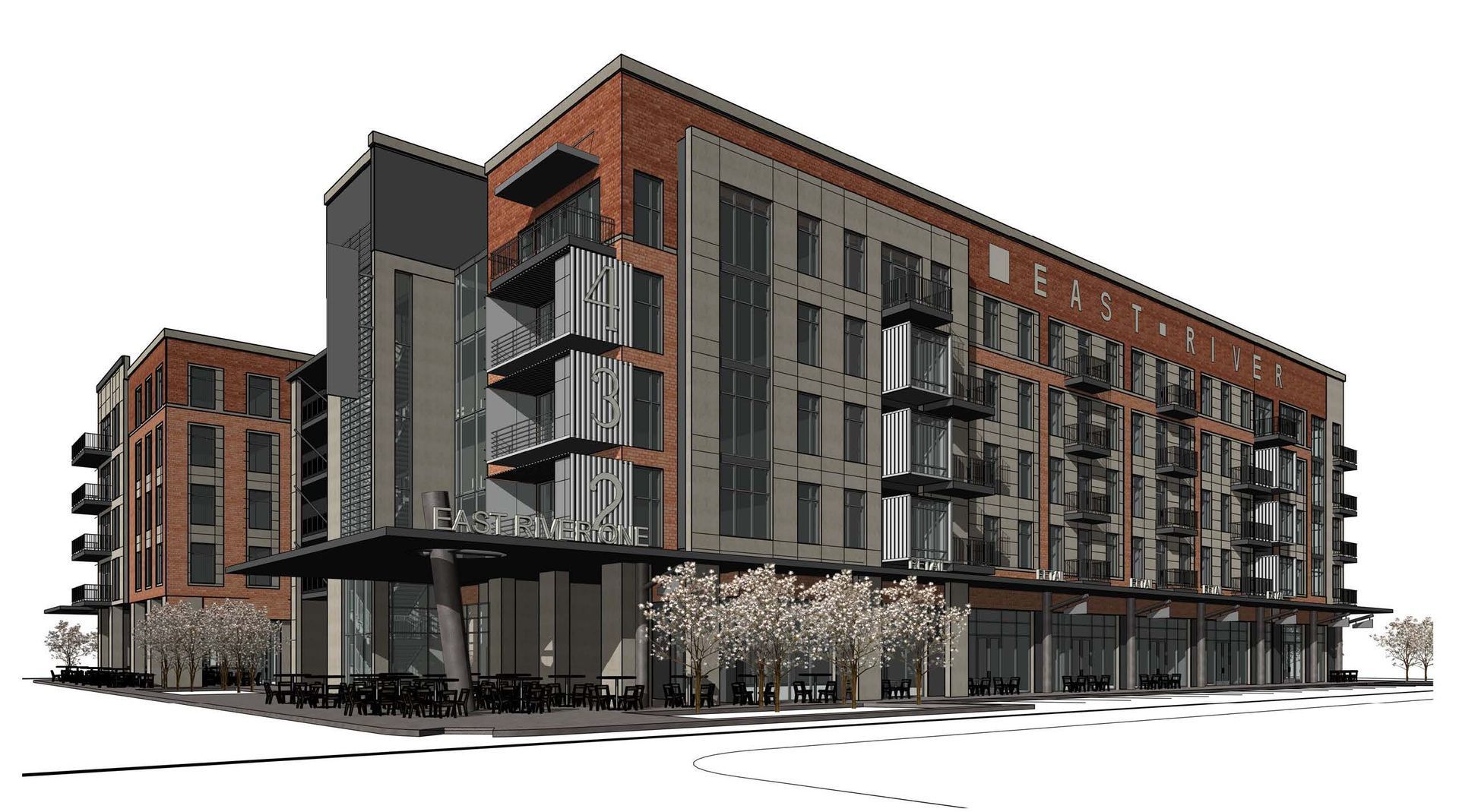 A rendering of a large apartment building on a white background.