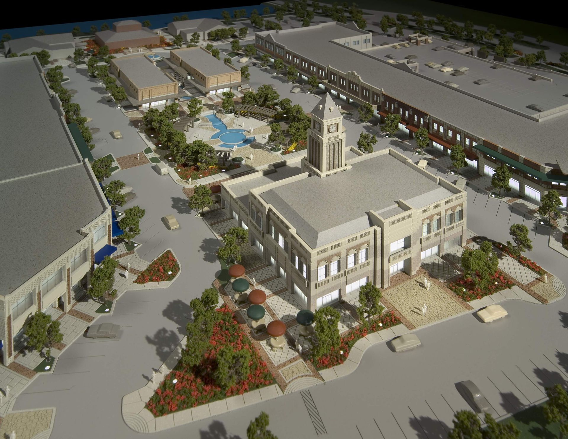 An aerial view of a building with a clock tower