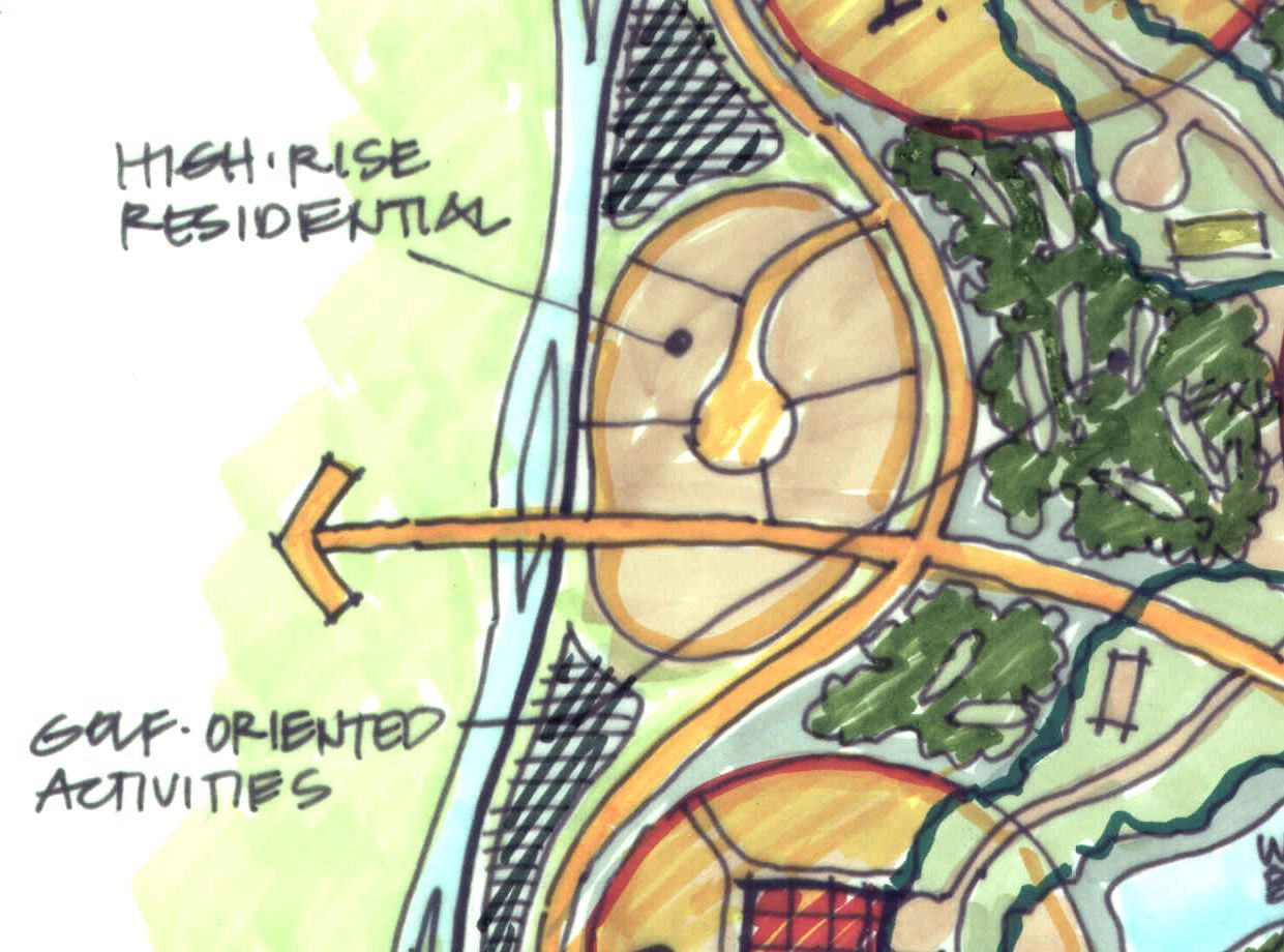 A drawing of a high rise residential and golf oriented activities
