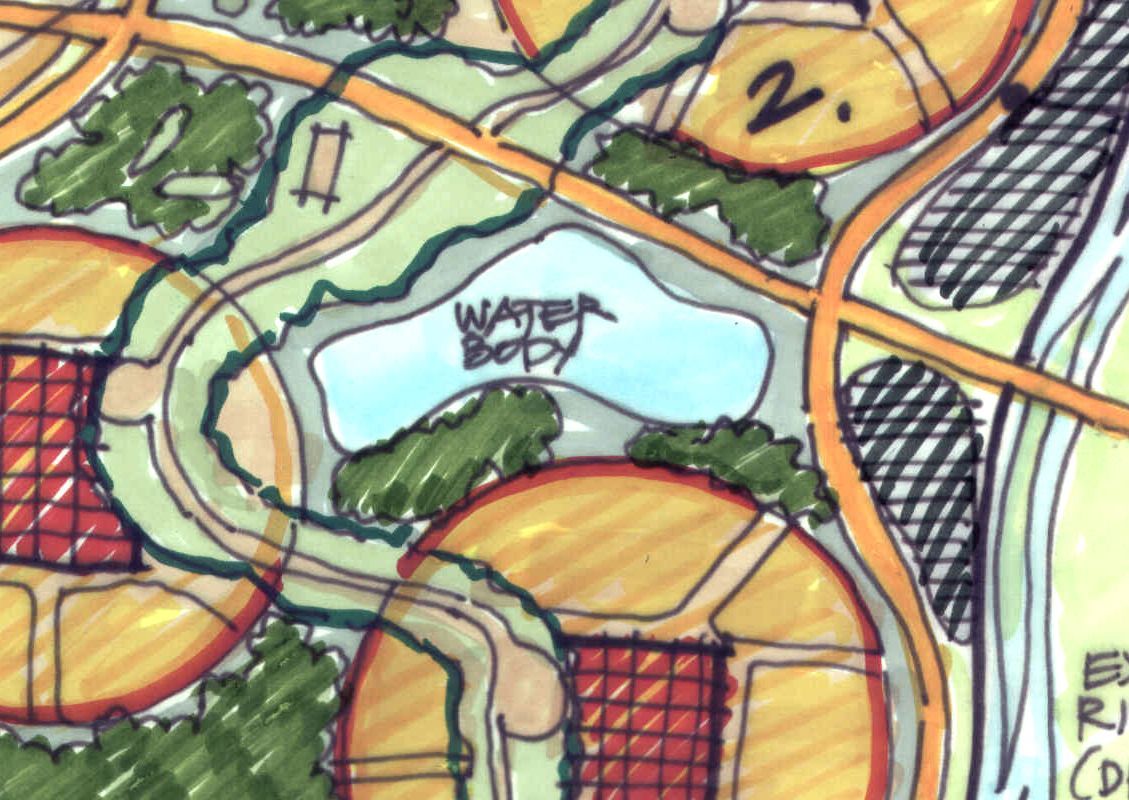A drawing of a water body in a park