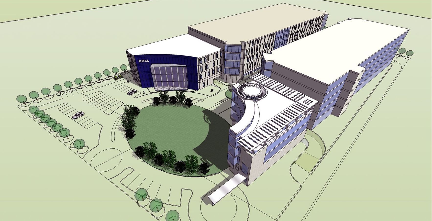 An aerial view of a large building with a lot of windows