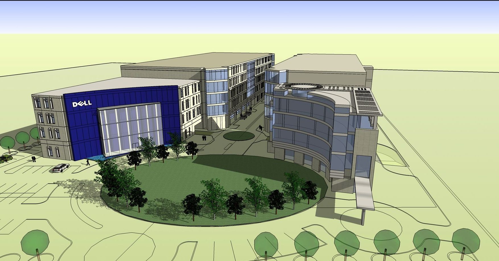 An aerial view of a building with the word dell on it