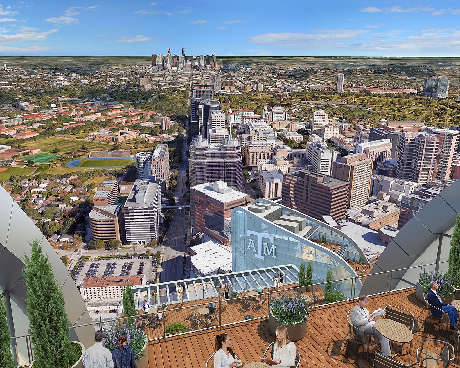 A group of people are sitting at tables on a balcony overlooking a city.