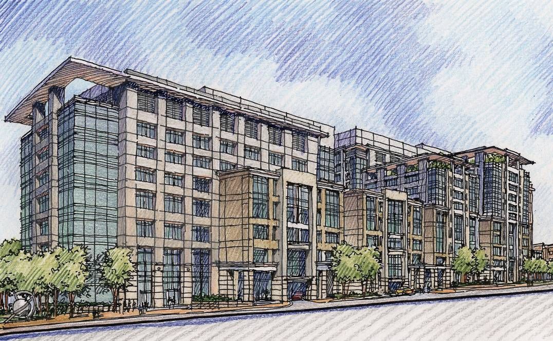 A drawing of a large building with lots of windows