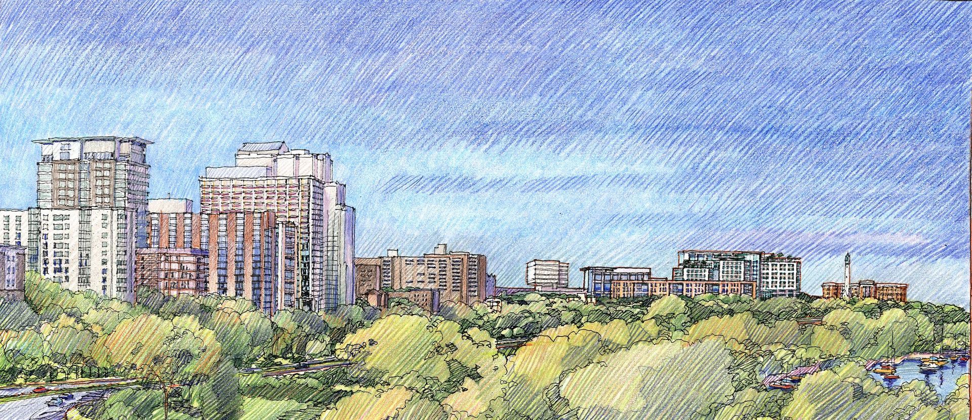 A painting of a city skyline with trees in the foreground