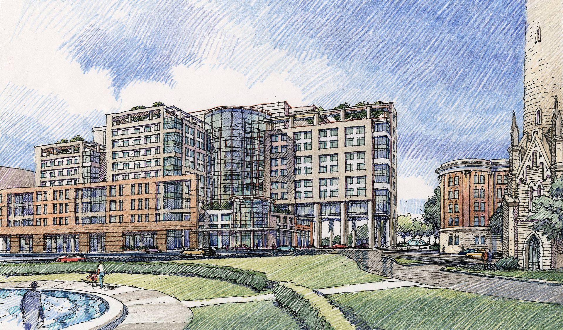 A drawing of a large building with a fountain in front of it