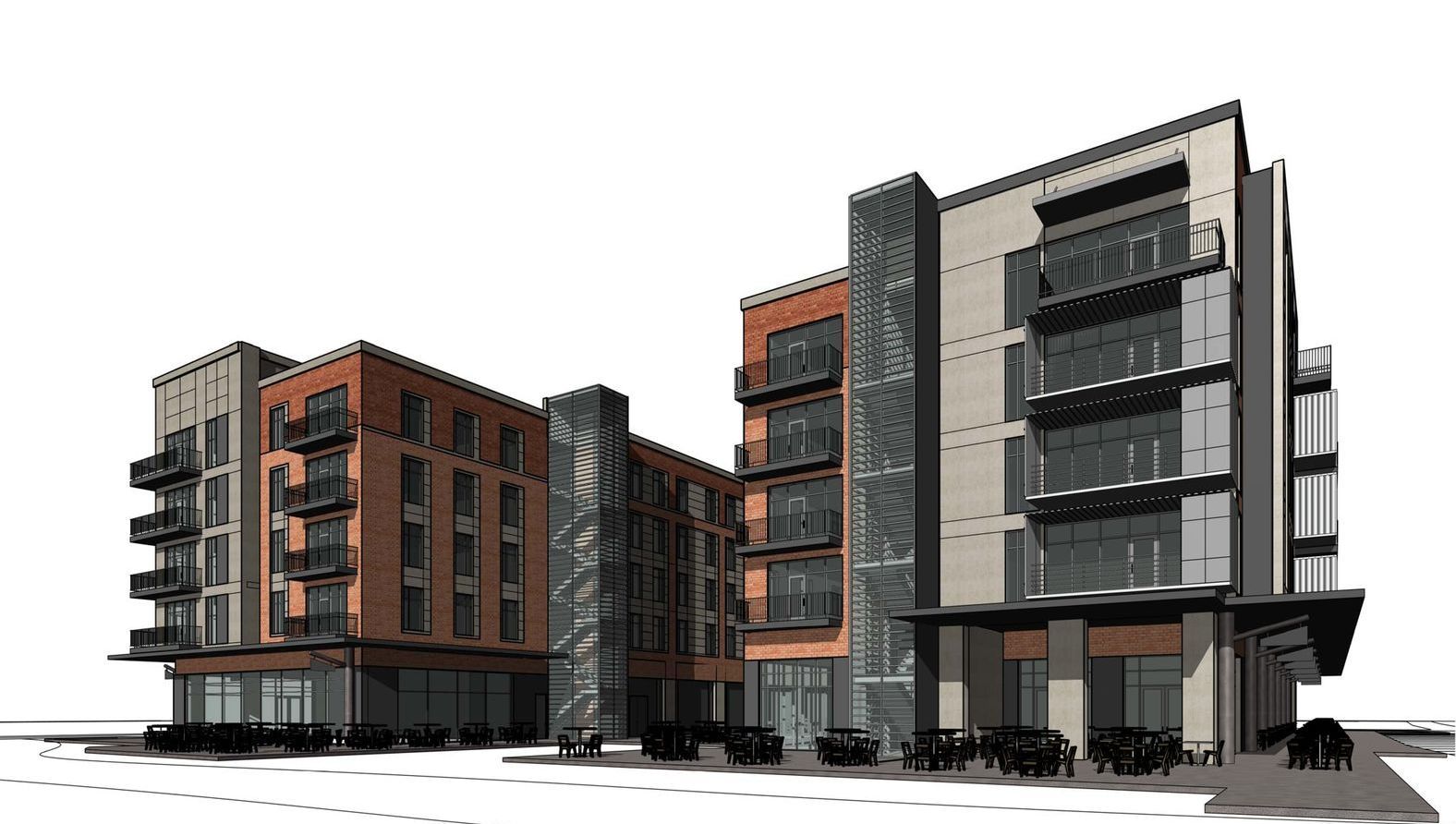 A drawing of a building with a lot of windows on a white background.