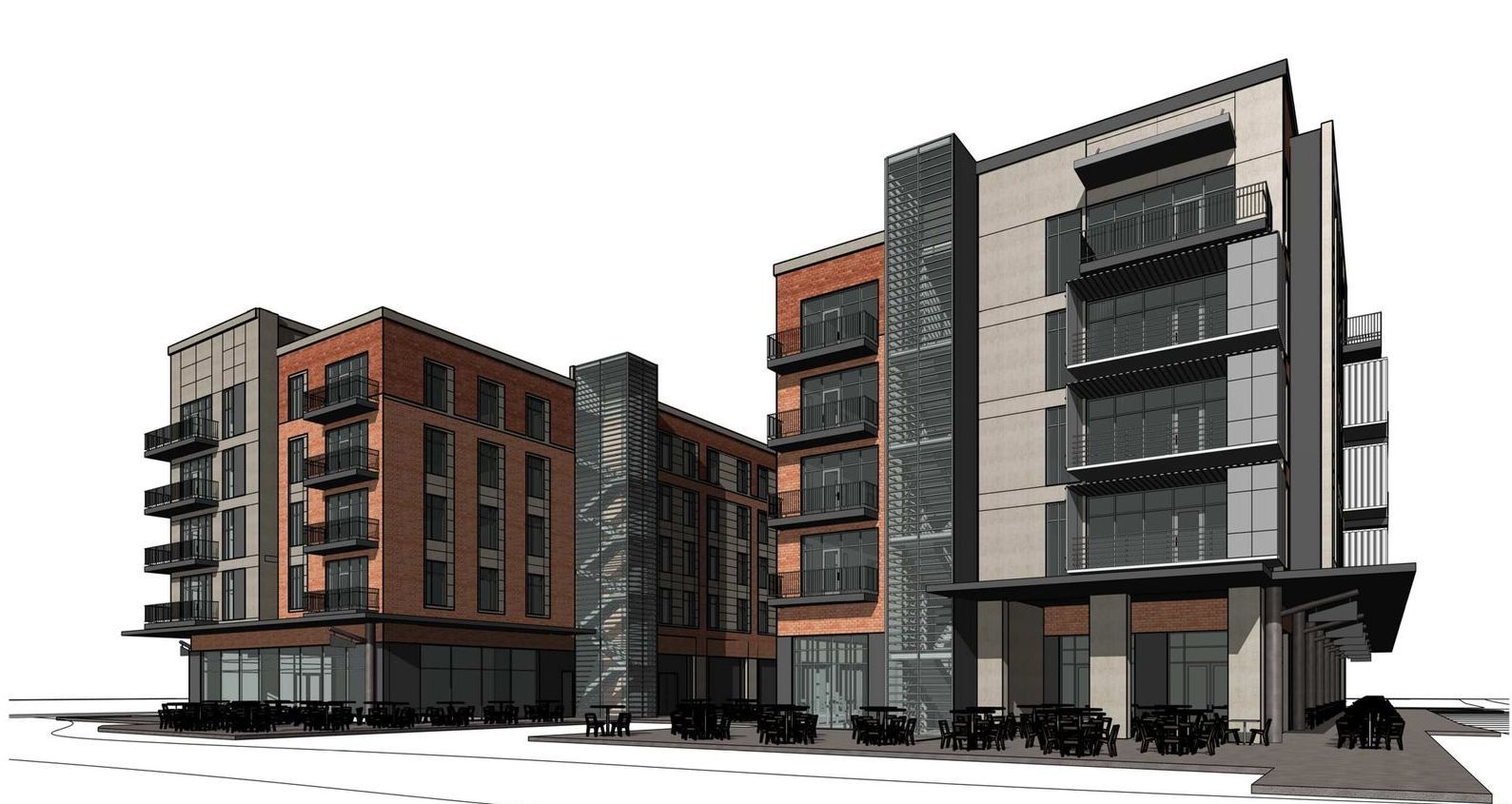 A rendering of a building with a lot of windows on a white background.