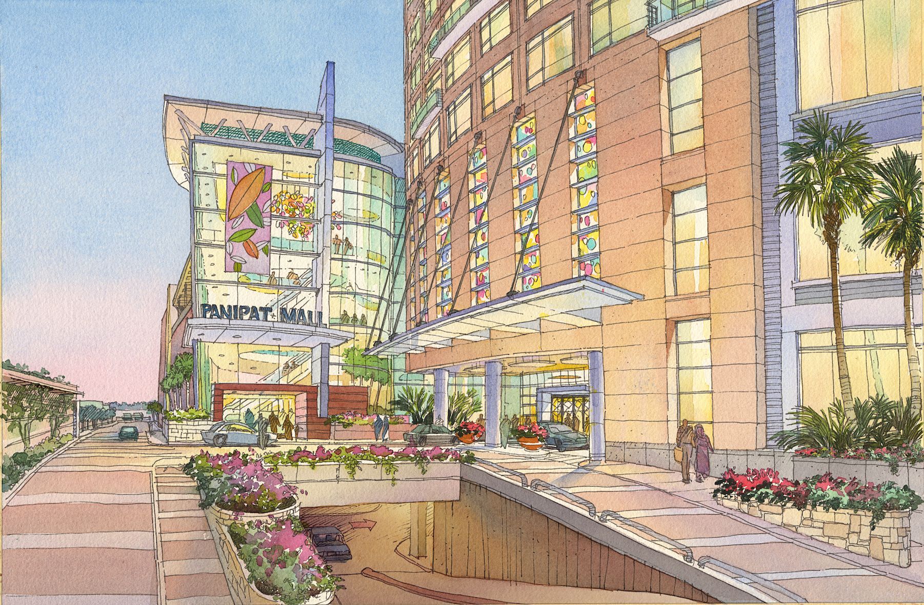 An artist 's rendering of a building with a palm tree in front of it