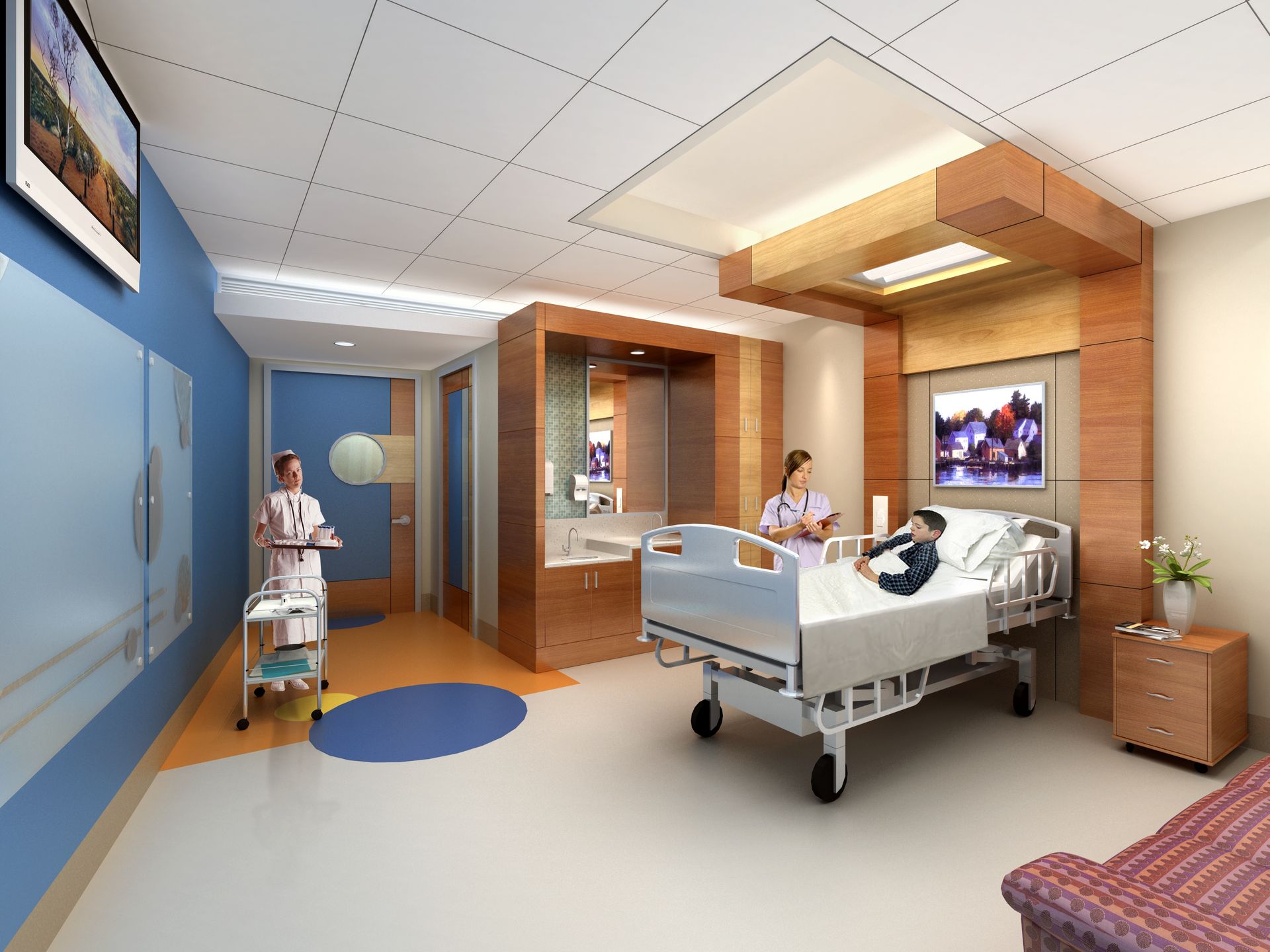 An artist 's impression of a hospital room with a nurse and a patient