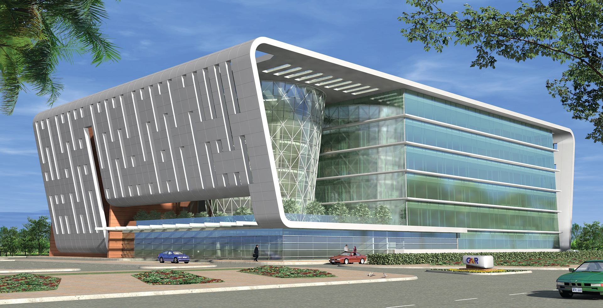 An artist 's impression of a large building with cars parked in front of it