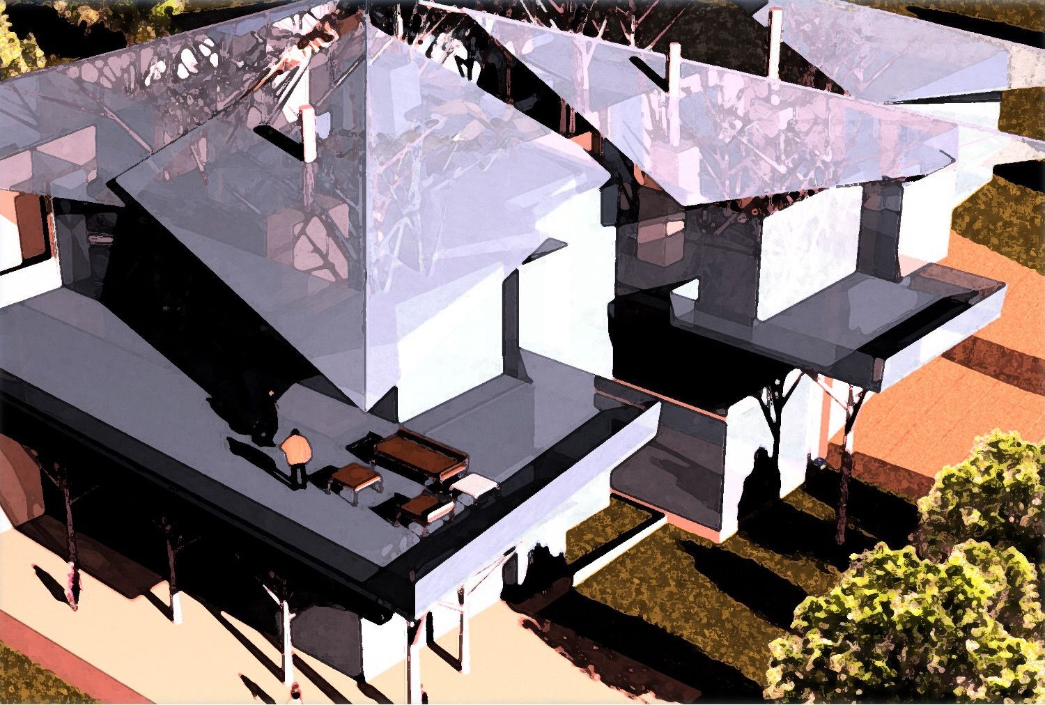 An aerial view of a building with a lot of windows