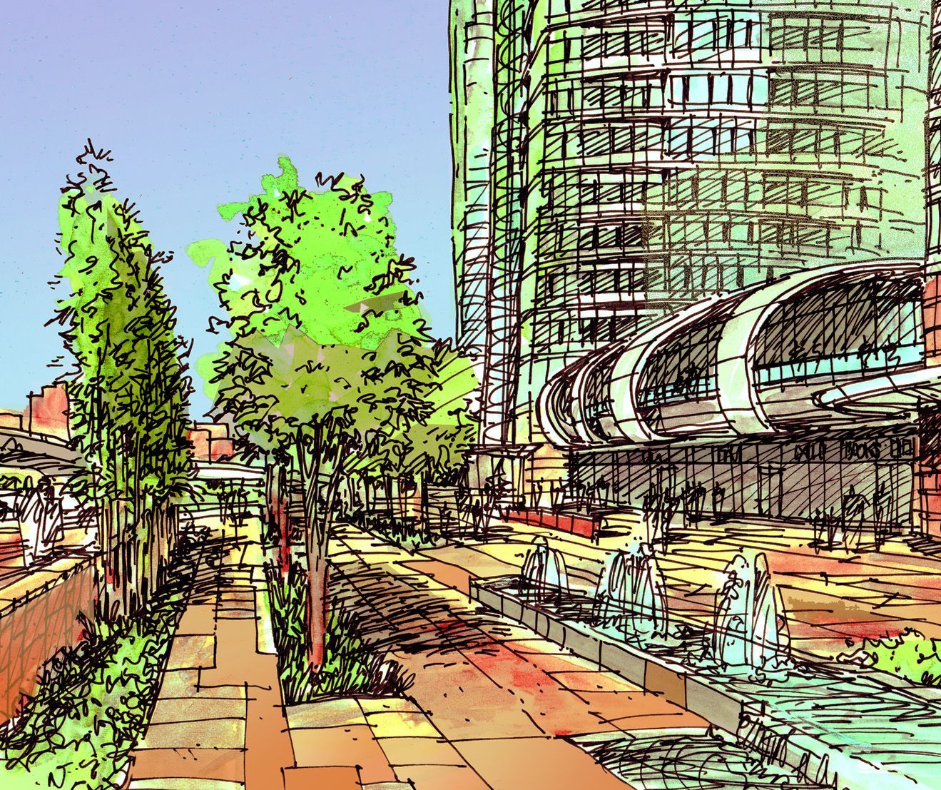 A drawing of a fountain in front of a building