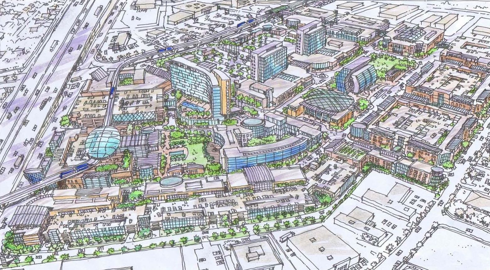 An aerial view of a city with lots of buildings and trees