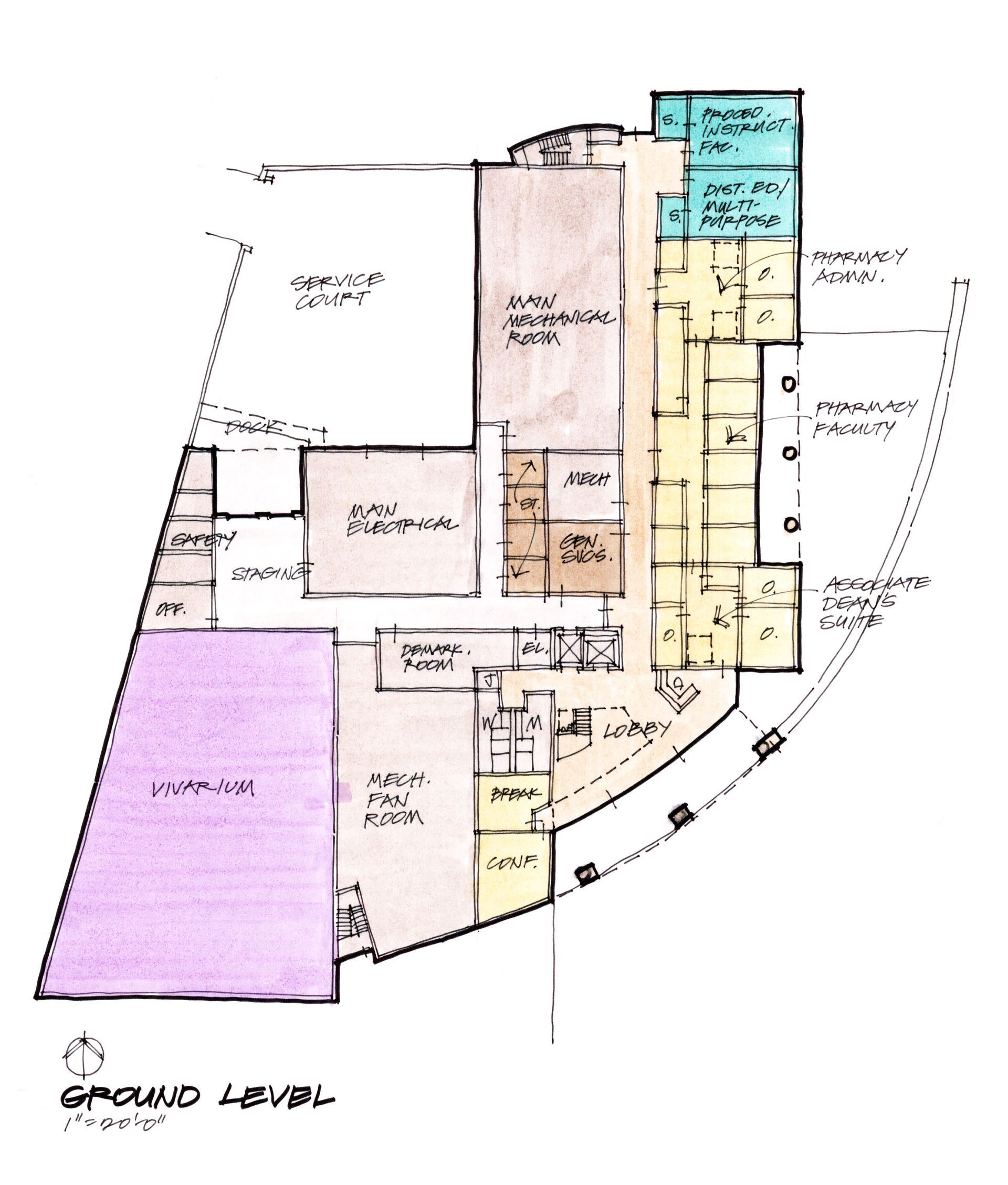 A drawing of the ground level of a building
