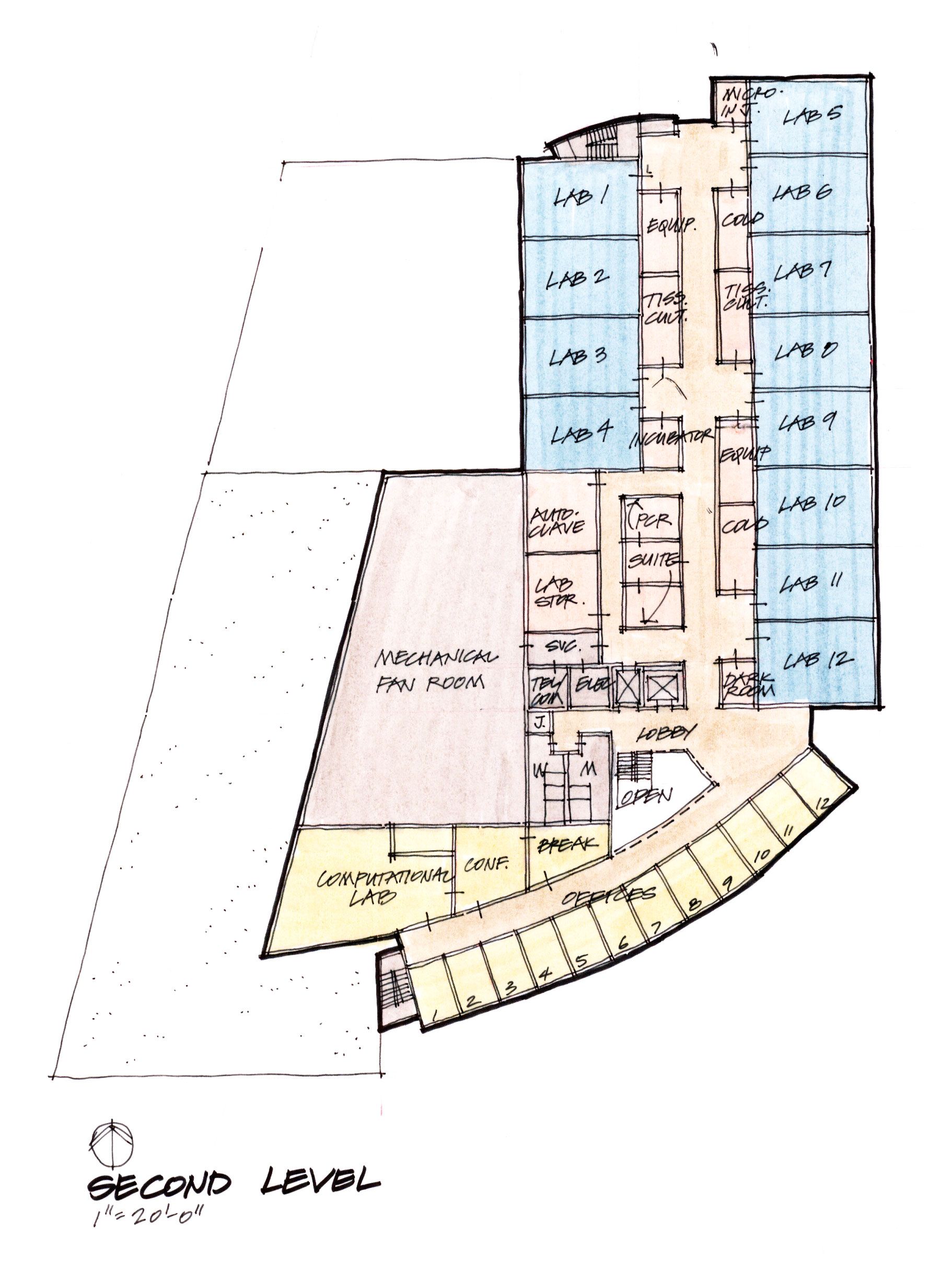 A drawing of the second floor of a building