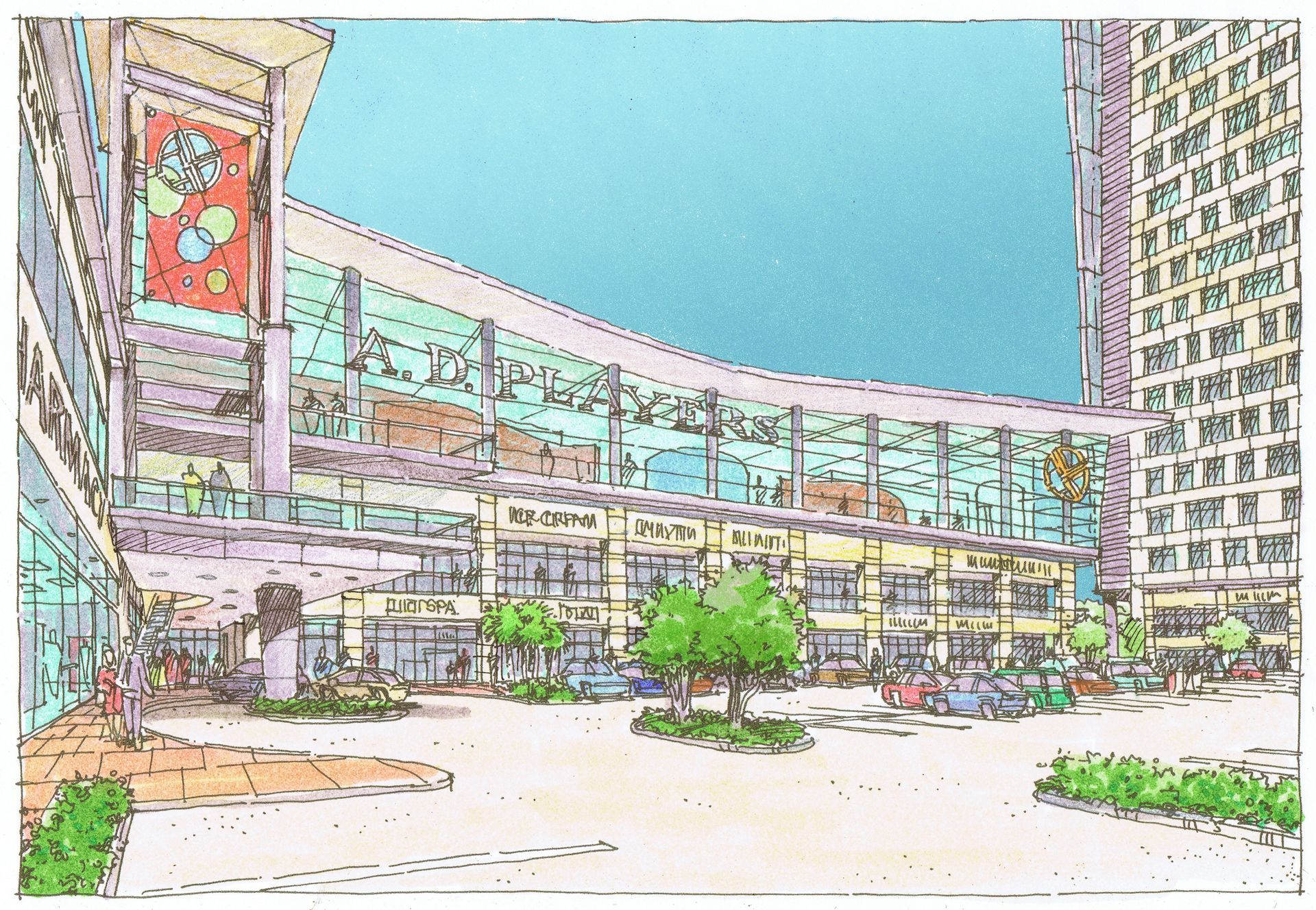 A drawing of a large building with a lot of windows