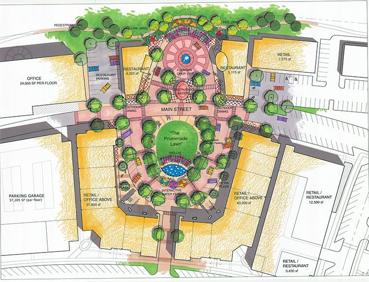 A drawing of a park with lots of trees and buildings