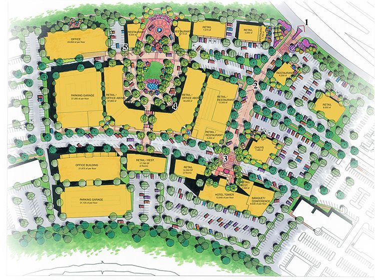 A drawing of a residential area with lots of buildings and trees