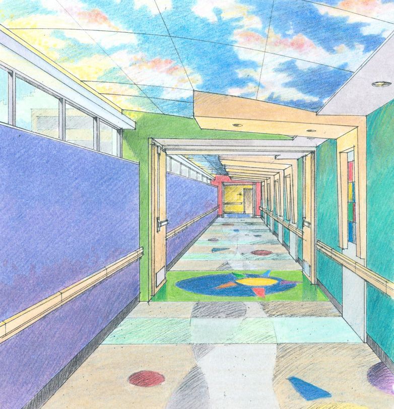 A drawing of a hallway with a rainbow pattern on the floor
