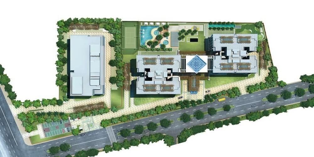 An aerial view of a residential area with lots of trees and buildings