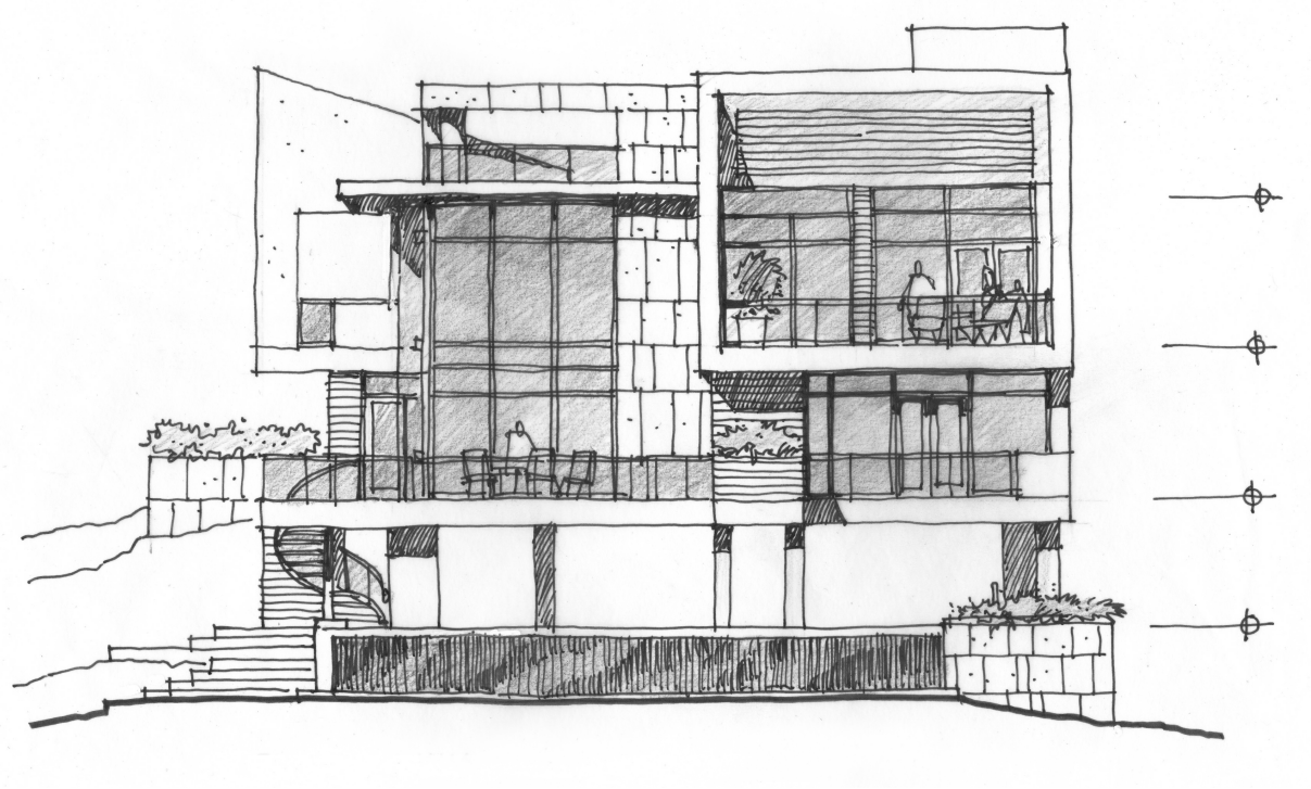 A black and white drawing of a modern house