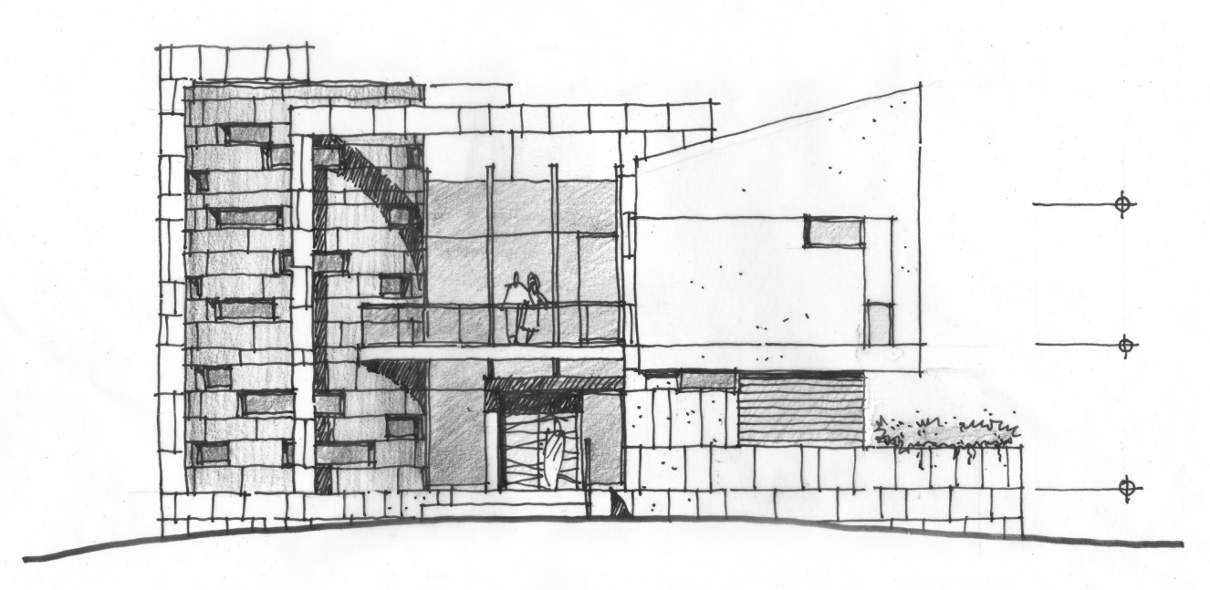 A black and white drawing of a building with arrows pointing in different directions.