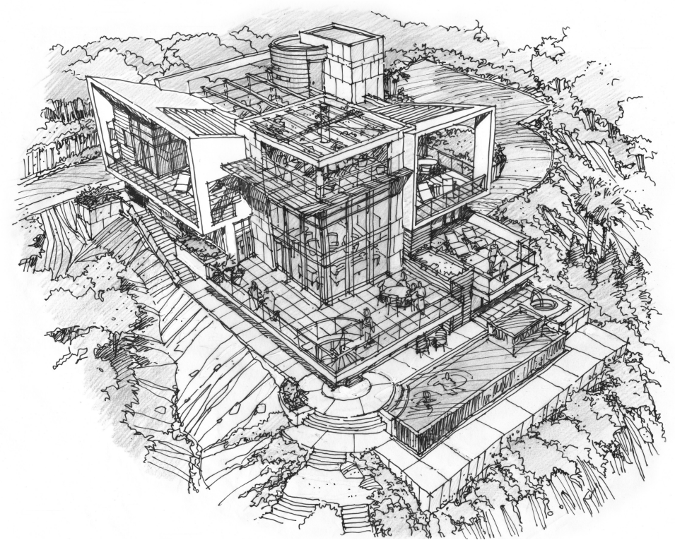 A black and white drawing of a large building on top of a hill.