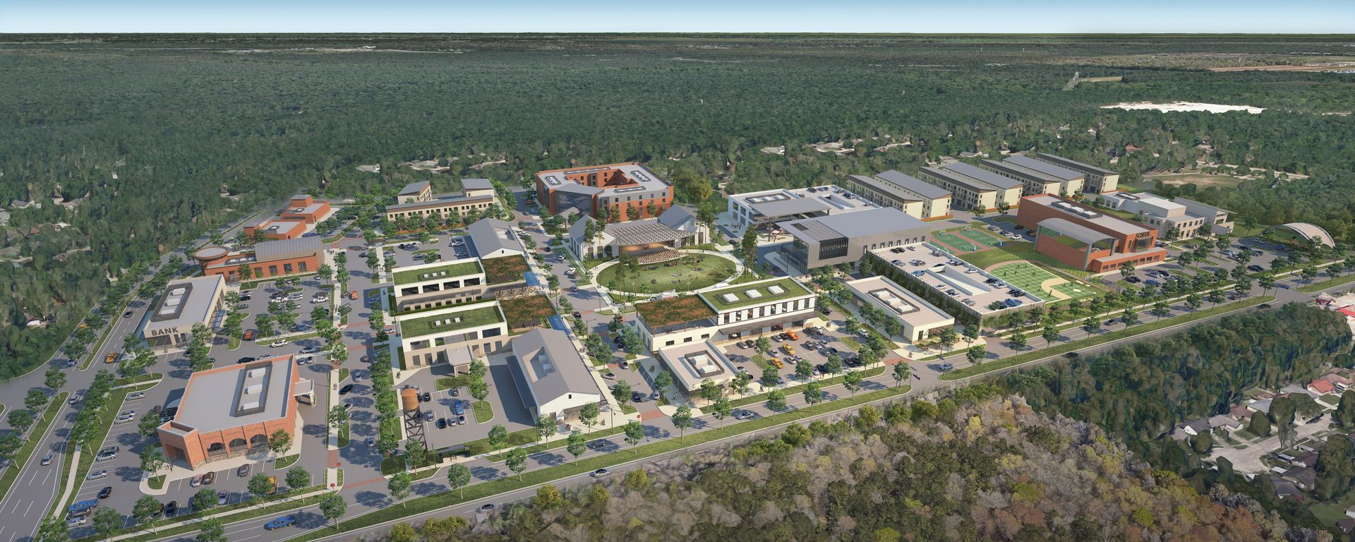 An aerial view of a large city with lots of buildings and trees.