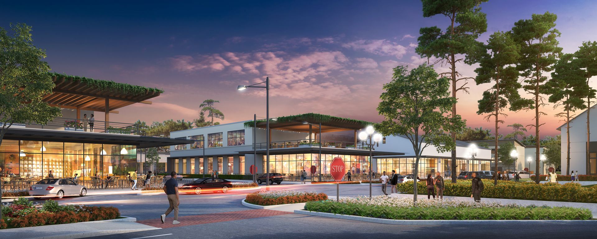 An artist 's impression of a shopping center at night.