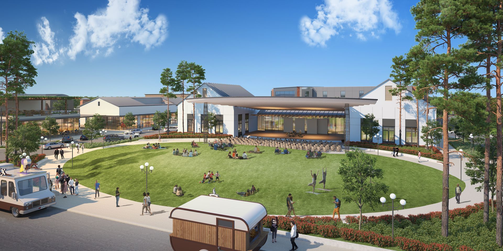 An artist 's impression of a large grassy area in front of a building.