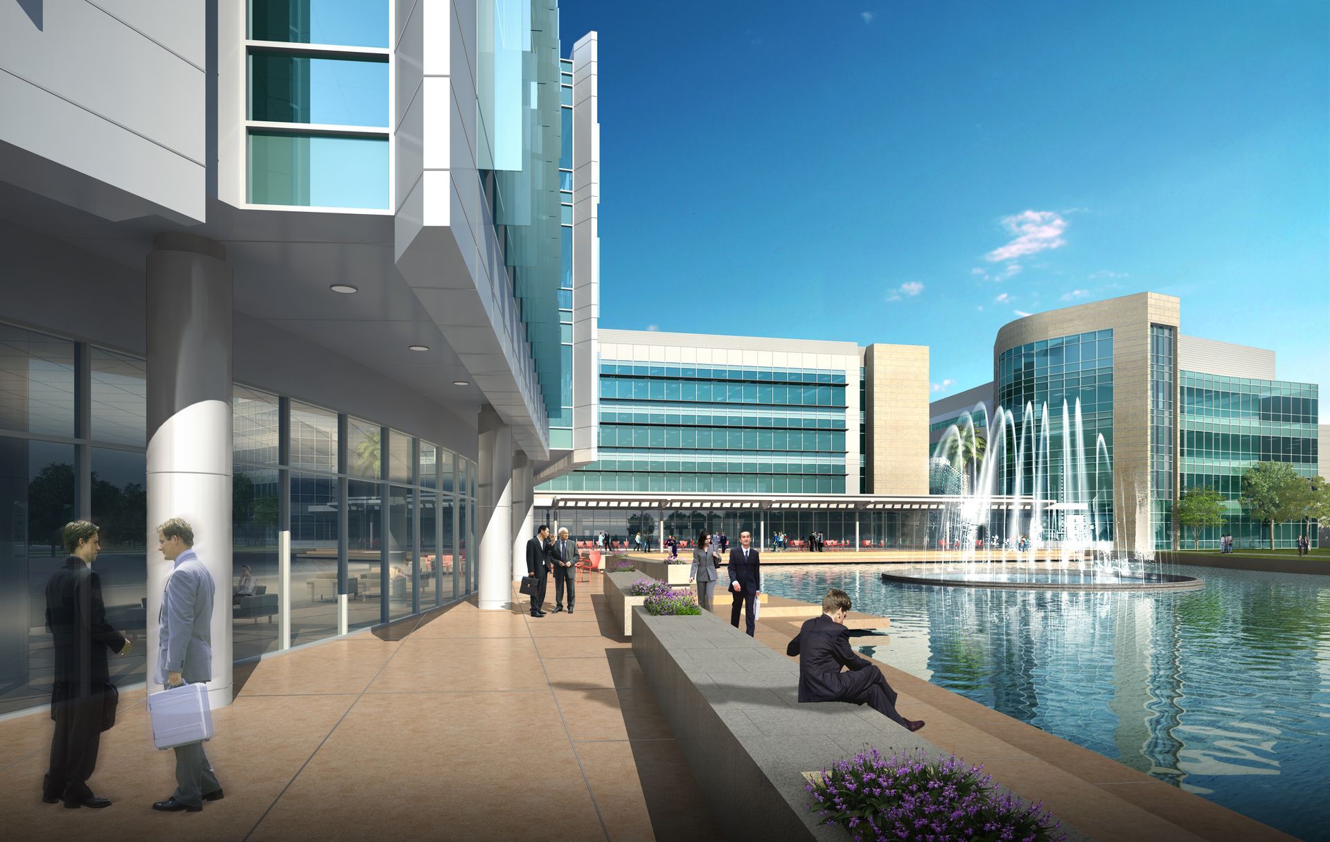 An artist 's impression of a building with a fountain in front of it