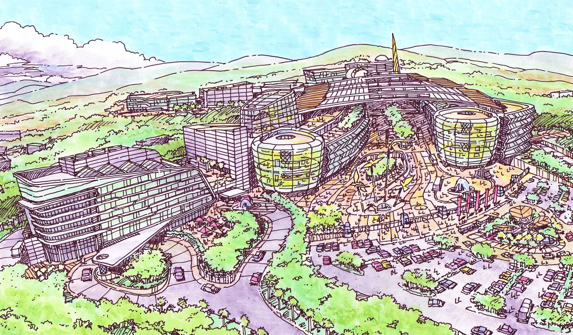 A drawing of a city with lots of buildings and trees