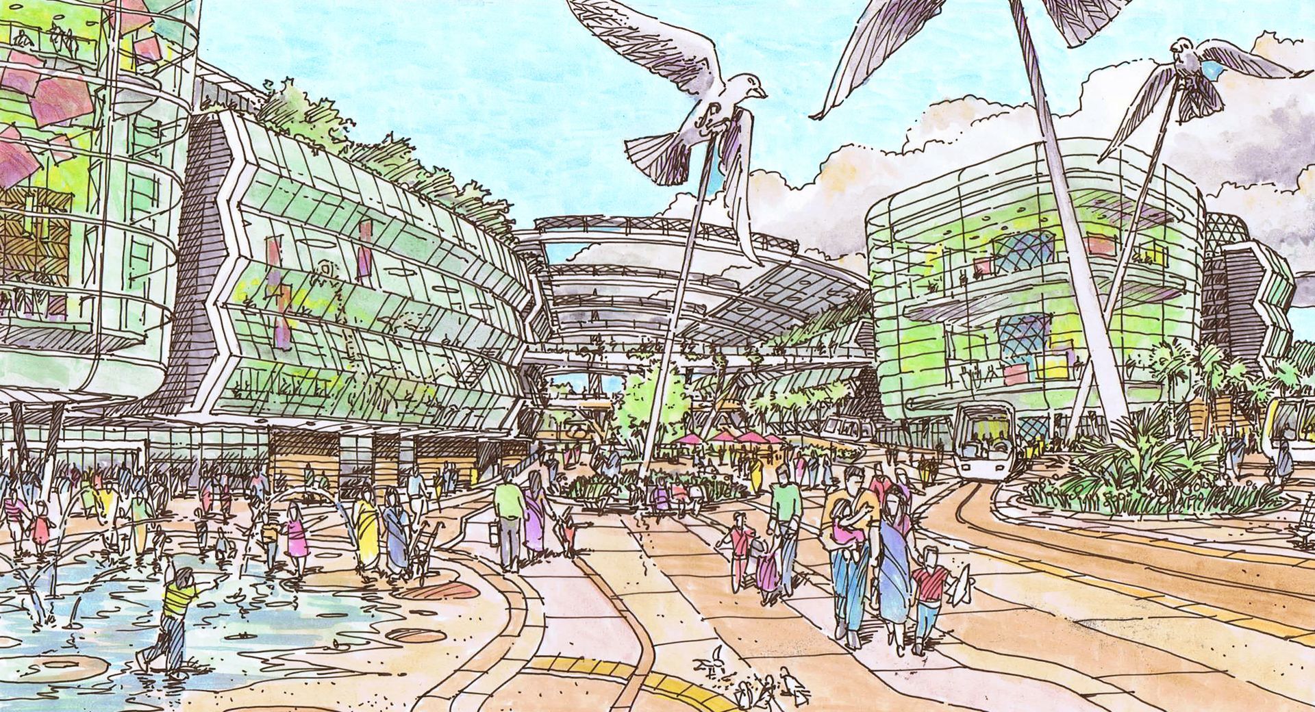 A drawing of people walking down a street with seagulls flying overhead